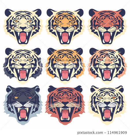 Collection nine tiger faces, showcasing different styles colors, tiger exhibits fierce expression, ideal mascot design. Variations include classic orange, monochrome, fiery red tones 114961909