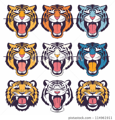 Set nine tiger heads different expressions roaring, happy, calm. Colorful tiger illustrations showing various emotions styles. Graphic design apparel, posters featuring tigers Set nine tiger heads different expressions roaring, happy, calm. Colorful tiger illustrations showing various emotions styles. Graphic design apparel, posters featuring tigers 114961911