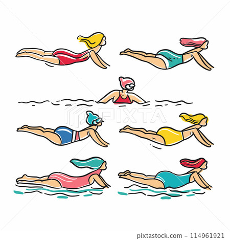 Illustration six female swimmers performing synchronized swimming routine, wearing different colored swimsuits swim caps. Diverse cartoon women display aquatic grace team coordination swimming Illustration six female swimmers performing synchronized swimming routine, wearing different colored swimsuits swim caps. Diverse cartoon women display aquatic grace team coordination swimming 114961921