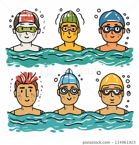 Six cartoon swimmers illustrated swim caps goggles swimming blue water, character has unique cap colors different hairstyles beneath, suggesting diversity. Friendly smiling faces indicate Six cartoon swimmers illustrated swim caps goggles swimming blue water, character has unique cap colors different hairstyles beneath, suggesting diversity. Friendly smiling faces indicate 114961923