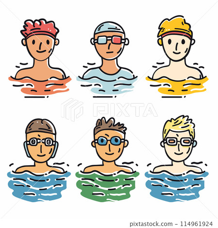 Six cartoon swimmers heads above water, different swimwear accessories. Diverse group swimmers wearing goggles, caps, varying hairstyles expressions. Colorful swimmer characters displayed against 114961924