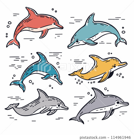 Set colorful dolphins jumping playing underwater. Handdrawn style dolphins, distinct color dynamic pose. Marine life illustration featuring playful dolphin characters Set colorful dolphins jumping playing underwater. Handdrawn style dolphins, distinct color dynamic pose. Marine life illustration featuring playful dolphin characters 114961946