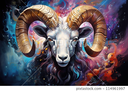 Sign of the zodiac Aries in vibrant, holographic colors. Mysticism with a touch of surrealism. Astrological sign ram on colorful background. Horoscope. Generative AI. 114961997