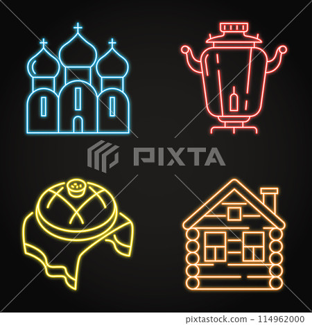 Russia traditional symbols neon icon set Russia traditional symbols neon icon set 114962000