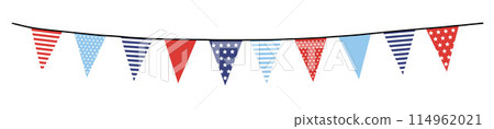 Bunting garland. Party flags with stripes and stars, USA flag colors isolated on background. Vector illustration, web banner. Memorial, labor day. Independence day, 4th July. Birthday, anniversary. Bunting garland. Party flags with stripes and stars, USA flag colors isolated on background. Vector illustration, web banner. Memorial, labor day. Independence day, 4th July. Birthday, anniversary. 114962021