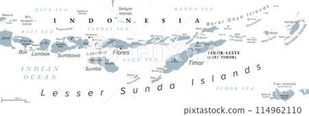 Lesser Sunda Islands, Indonesia, gray political map. Nusa Tenggara Islands, archipelago in Southeast Asia. Part of volcanic Sunda Arc. Bali, Lombok, Sumbawa, Sumba, Flores, Timor and smaller islands. Lesser Sunda Islands, Indonesia, gray political map. Nusa Tenggara Islands, archipelago in Southeast Asia. Part of volcanic Sunda Arc. Bali, Lombok, Sumbawa, Sumba, Flores, Timor and smaller islands. 114962110