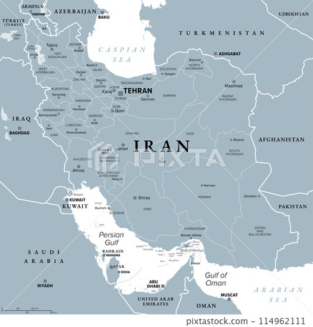 Iran with provinces, gray political map, with borders, capital Tehran and major cities. The Islamic Republic of Iran, also known as Persia, a country in West Asia, divided into 31 provinces. Vector 114962111