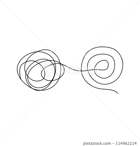 Chaos and order business concept flat style design vector illustration isolated on white background. Tangled disorder turns into spiral order line, find solution. Coaching, mentoring  114962224