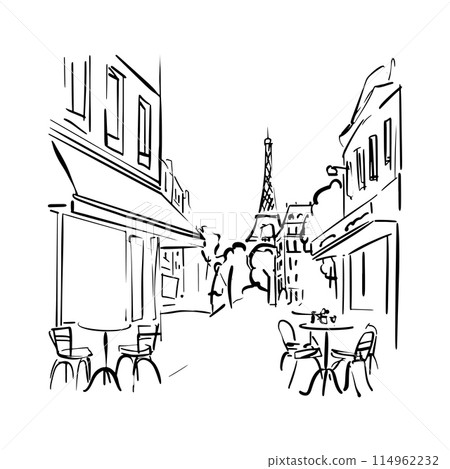 Street cafe in old town vector illustration without people. French Street Cafe doodle sketch Street cafe in old town vector illustration without people. French Street Cafe doodle sketch 114962232