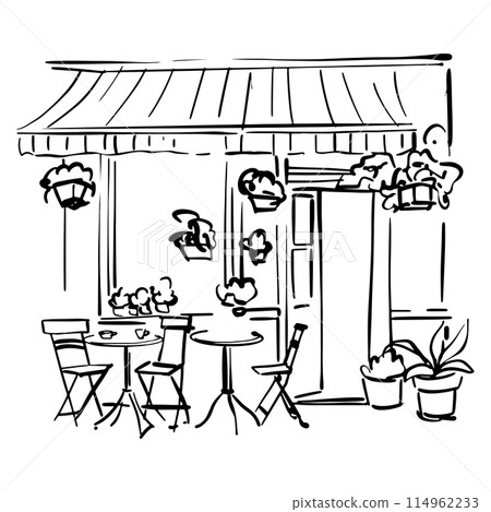 Street cafe in old town vector illustration without people. French Street Cafe doodle sketch Street cafe in old town vector illustration without people. French Street Cafe doodle sketch 114962233
