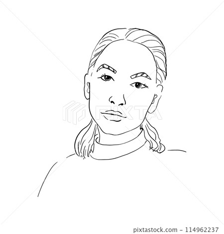 Vector art drawing, sketch portrait of gorgeous dreamy girl isolated on white. Facial expressions, tender woman 114962237