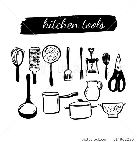 Set of kitchen tools doodles. Hand drawn kitchen equipments. Vector illustration on white background. Vector illustration for restaurant menu, recipe book, and wallpaper. 114962259