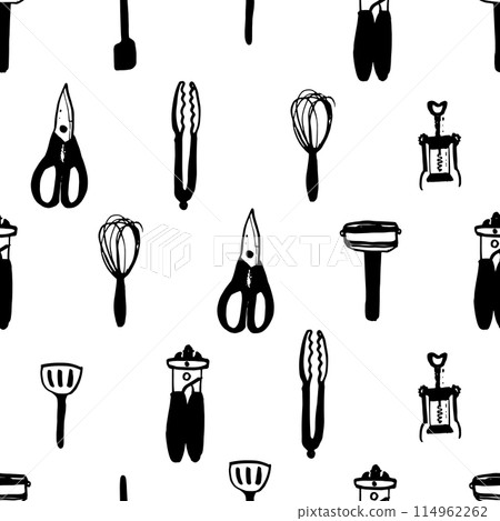Kitchen tools seamless pattern. Sketch cooking utensils hand drawn doodle kitchenware. Engraved kitchen elements vector background doodle 114962262