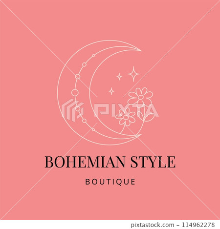 Linear bohemian moon logo with flowers, abstract design for decoration in modern minimalist style. Vector illustration Linear bohemian moon logo with flowers, abstract design for decoration in modern minimalist style. Vector illustration 114962278
