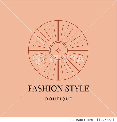 Linear bohemian sun logo, abstract design for decoration in modern minimalist style. Vector illustration 114962281
