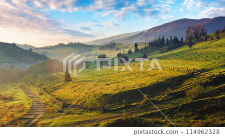 rural landscape in carpathian mountains of ukraine. alpine countryside scenery with grassy meadows and forested rolling hills in autumn. beautiful view of the valley near borzhava ridge on a foggy day 114962328