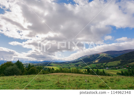 rural landscape in carpathian mountains of ukraine. alpine countryside scenery with grassy meadows and forested rolling hills in autumn. beautiful view of the valley near borzhava ridge on a sunny day 114962348