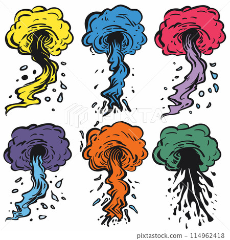 Set colorful tornado cartoons twisting debris. Handdrawn style cyclones various colors causing destruction. Collection vibrant twisters, natural disasters illustrations 114962418