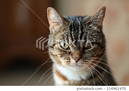 Close Up Portrait of Angry Tabby Cat Glaring with Yellow Eyes 114962470