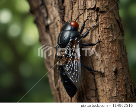 A black cicada resting on a branch of a tree in the forest 114962516