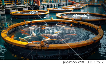Koi Fish Swimming in Tanks at an Aquaculture Farm 114962517