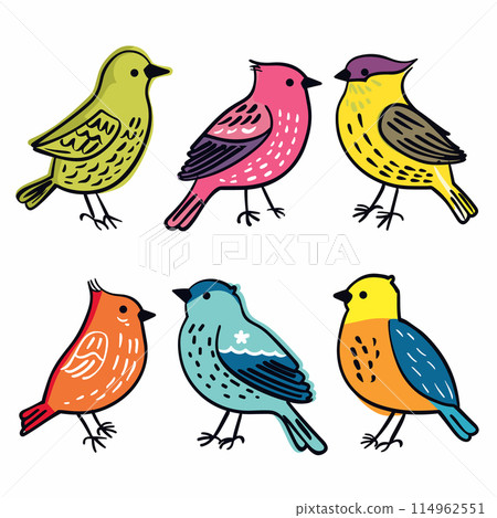 Six colorful cartoon birds, simple line art, vibrant colors. Stylized songbirds, artistic drawing, cute avian characters. Handdrawn birds, nature themed illustration, playful design 114962551