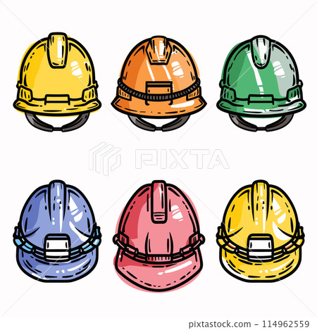 Handdrawn construction hard hats various colors. Safety helmets construction workers illustrated. Cartoonstyle headgear labor protection isolated white background 114962559