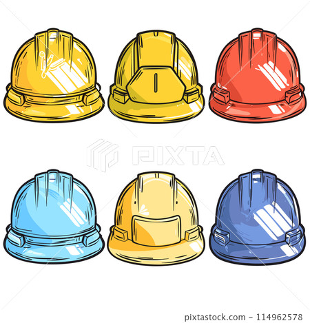 Six colorful construction hard hats arranged two rows. Top row features yellow, gold, red safety bottom row has blue, light yellow, navy. Safety gear construction, engineering 114962578