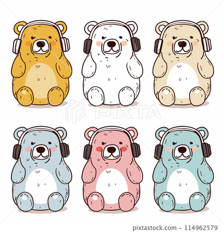Six cute cartoon bears, different colors enjoying music headphones. Bears seated, eyes closed relaxation, colored shades yellow, white, brown, blue, pink, turquoise. Adorable teddy bears Six cute cartoon bears, different colors enjoying music headphones. Bears seated, eyes closed relaxation, colored shades yellow, white, brown, blue, pink, turquoise. Adorable teddy bears 114962579
