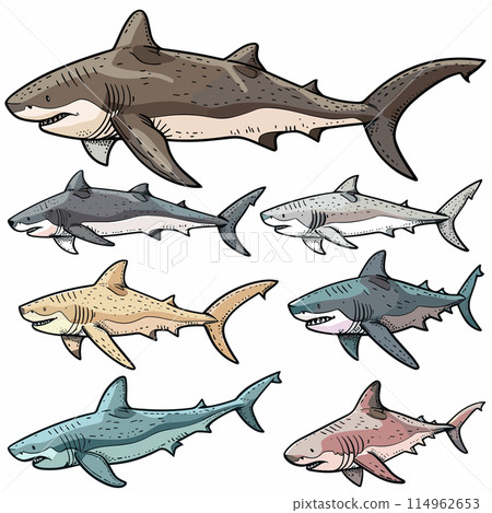 Collection various shark species illustrations, marine life diversity, shark identification chart. Detailed drawings sharks, educational material ocean biology illustration, species guide. Cartoon 114962653