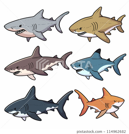 Six cartoon sharks illustrated various colors, depicting different species. Sharks sharp teeth, swimming, illustrated simplified comic style. Ocean predators rendered vibrant hues against isolated 114962682