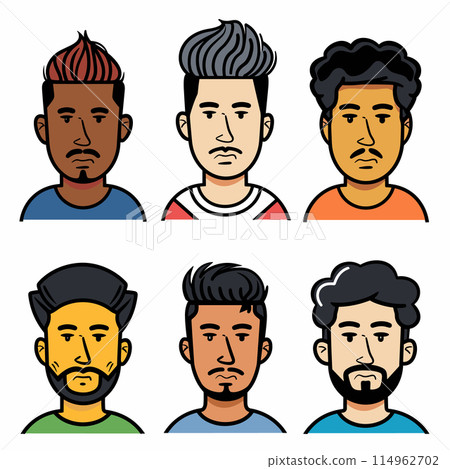 Six men illustrated, different hairstyles, facial hair, diverse ethnicity. Cartoon characters, colorful, male portraits, faces expressionless, modern. Flat design, avatar set portraits together 114962702