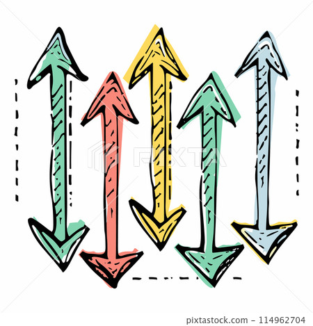 Handdrawn arrows pointing up down, colorful sketch style, direction symbols. Doodle arrows concept, red blue green yellow, isolated white background. Set five assorted arrows, cartoon illustration Handdrawn arrows pointing up down, colorful sketch style, direction symbols. Doodle arrows concept, red blue green yellow, isolated white background. Set five assorted arrows, cartoon illustration 114962704