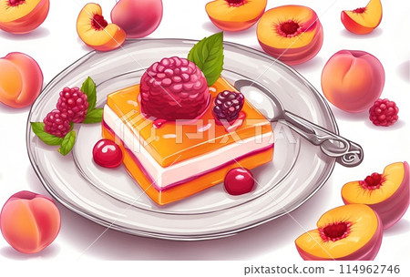 Beautiful illustration of Peach Melba dessert with peaches, AI Generated 114962746