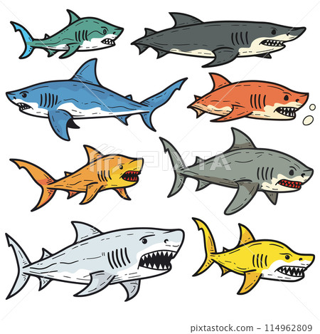 Colorful cartoon sharks swimming, variety sharks illustrated. Different shark species feature sharp teeth, fins, aggressive expressions. Marine life predators displayed, cartoon style sharks, ocean 114962809