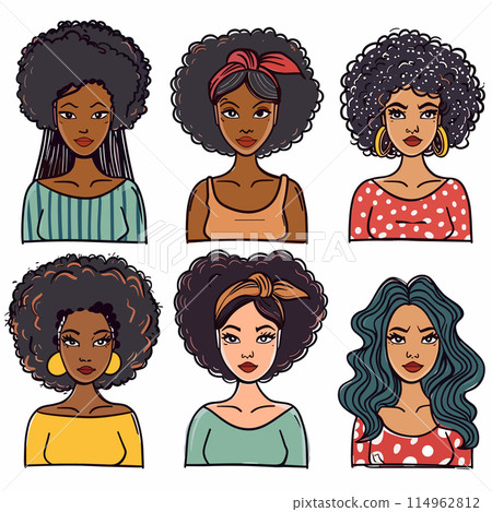 Six diverse African American women vector icons. Portraits feature different hairstyles, expressions, fashion styles elegant casual. Women diverse skin tones, hair colors, styles, earrings, clothing 114962812