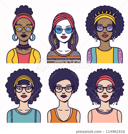 Six diverse African American female characters, stylish eyewear, fashion, colorful clothing, flat design portraits. Young womens headshots, glasses, earrings, headbands, trendy looks, vector 114962816