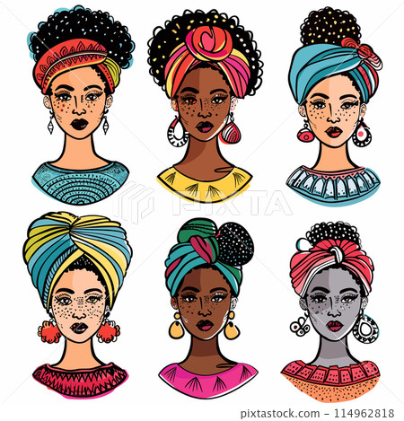 Six diverse African women portraits, fashion, traditional headwraps, beautiful earrings, colorful unique design. Illustration ethnic beauty, different hairstyles, strong cultural representation, art Six diverse African women portraits, fashion, traditional headwraps, beautiful earrings, colorful unique design. Illustration ethnic beauty, different hairstyles, strong cultural representation, art 114962818