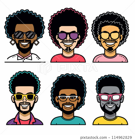 Six diverse cartoon male characters afros, showcased shoulders up, character smiling, wearing different colored shirts, glasses, accessories, representing various styles personalities. Flat design Six diverse cartoon male characters afros, showcased shoulders up, character smiling, wearing different colored shirts, glasses, accessories, representing various styles personalities. Flat design 114962829
