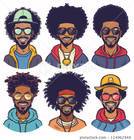 Six cartoon portraits smiling Black man afro various outfits accessories, character sports different eyewear, hats, cheerful expressions. Colorful modern streetwear style showcases personality 114962848