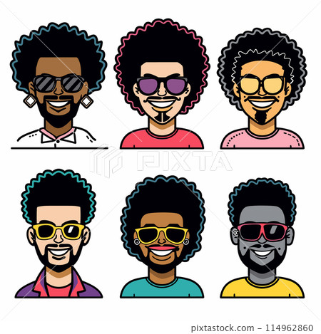 Six diverse avatars featuring people different styles, individual expresses unique personality through hairstyle, sunglasses, earrings. Portraits set against clean background versatile use Six diverse avatars featuring people different styles, individual expresses unique personality through hairstyle, sunglasses, earrings. Portraits set against clean background versatile use 114962860
