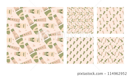 Organic cosmetics seamless pattern collection. Skincare lotion beauty tubes repeat covers set. Moisturizing vegan products endless background. Vector illustration. 114962952