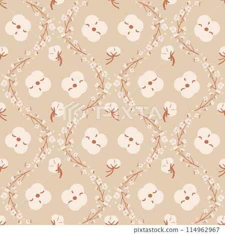 Cotton flower damask seamless pattern. Ripe cotton bolls retro endless background. Organic soft fiber grow repeat cover. Purity and new beginnings symbols tile. Vector hand drawn illustration. Cotton flower damask seamless pattern. Ripe cotton bolls retro endless background. Organic soft fiber grow repeat cover. Purity and new beginnings symbols tile. Vector hand drawn illustration. 114962967