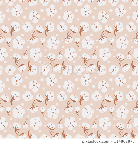 Cotton flowers seamless pattern. Ripe cotton bolls endless background. Organic soft fiber grow repeat cover. Purity, innocence, and new beginnings symbols tile. Vector hand drawn illustration. 114962973