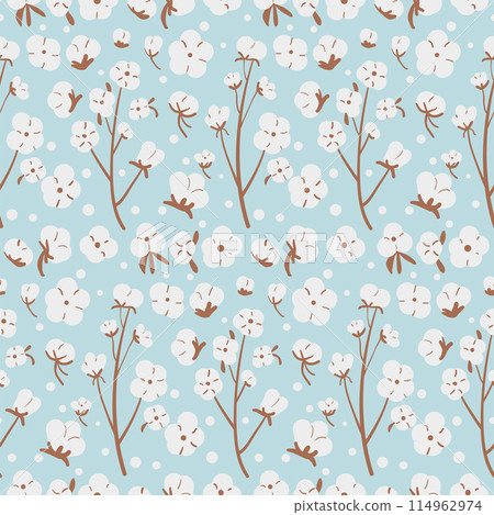 Organic cotton branch with flowers seamless pattern. Plant of cotton with ripe bolls endless background. Soft fabric symbols loop ornament tile. Vector hand drawn illustration 114962974