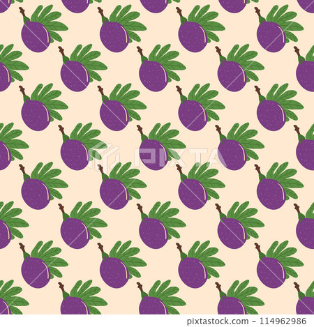 Vibrant purple passion fruit seamless pattern with green leaves. Tropical fruits with foliage endless dark background. Vector hand drawn flat illustration. 114962986