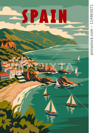 Spain travel poster, tropical resort bay view Spain travel poster, tropical resort bay view 114963071