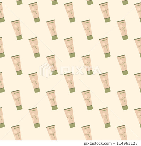 Cosmetics hand cream seamless pattern. Skincare lotion beauty tubes repeat cover. Moisturizing products endless background. Vector illustration. 114963125