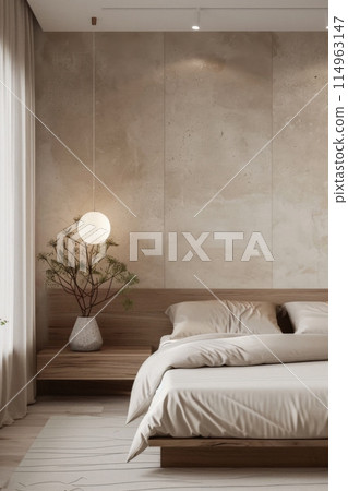 The bedroom has a spacious bed and a big window for natural light 114963147