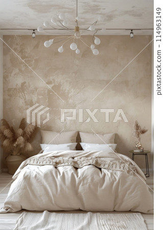 The bedroom has a spacious bed and a big window for natural light 114963149